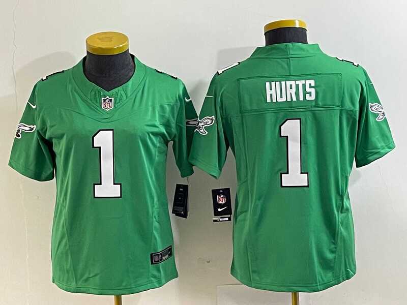 Women%27s Philadelphia Eagles #1 Jalen Hurts Green 2023 F.U.S.E. Stitched Football Jersey(Run Small)->women nfl jersey->Women Jersey